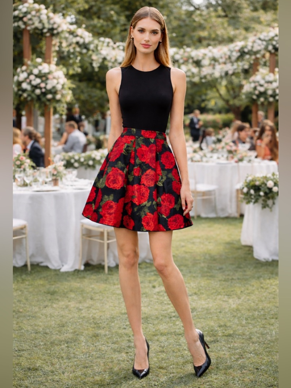 🌹Chic Floral Rose Red and Black Women's Pleated A-line Party Skirt ❤️